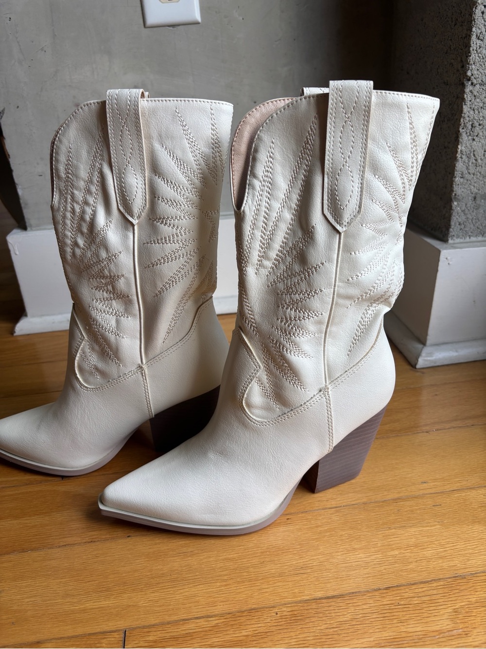 Off White/Cream Cheese Western Mid-Calf Cowboy Boots with Stacked Heel